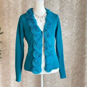 Y2K Red Brand Teal Cardigan Chiffon Rosette Trim Balletcore Romantic Sweater S